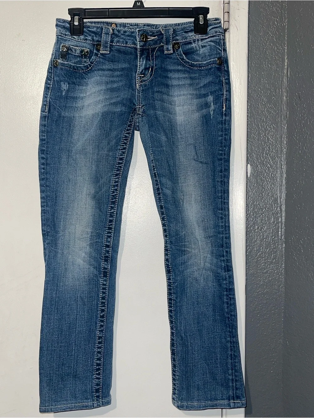Miss Me Straight Leg Jeans Size 26 Ornate Gold Scrollwork Rhinestone Bling Y2K.